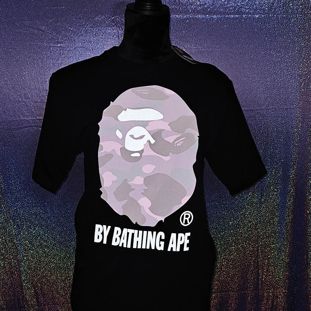 Black BAPE T-Shirt with Purple Holographic Camo Ape Logo